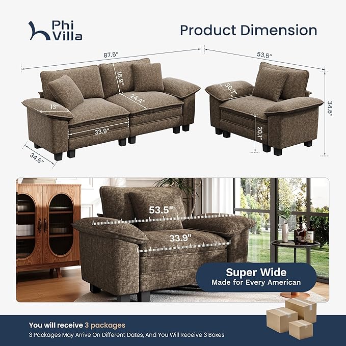 PHI VILLA Cloud Modular Couches Sets, 2 Pieces Sectional Sofa Set with Loveseat, 3-Seater Comfy Couch for Living Room Apartment, Chenille Fabric, Taupe