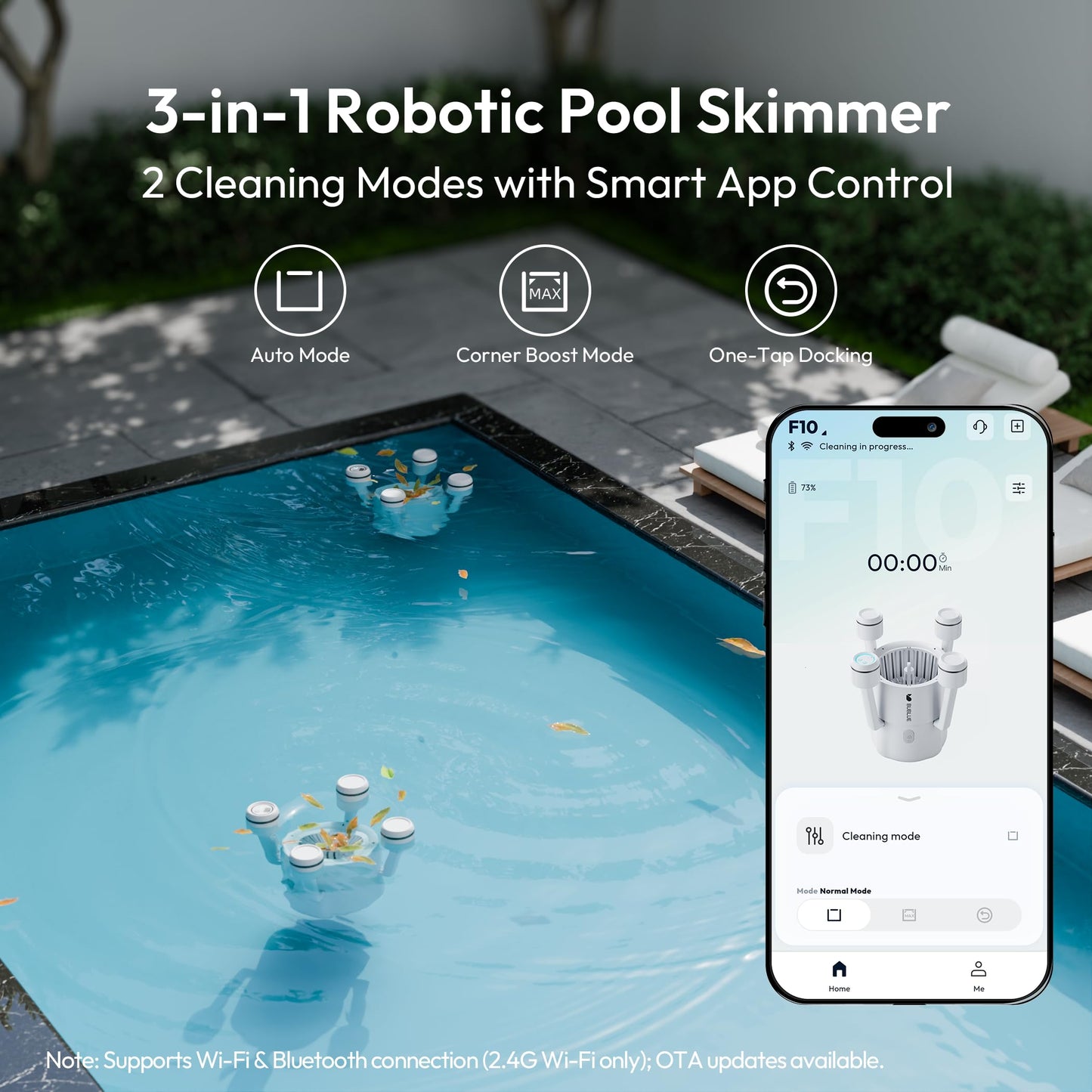 (2026 Upgrade) BUBLUE F10 Pool Surface Skimmer Robot,Robotic Pool Skimmer with App Control,Powerful Suction,5L Filter,Dual Cleaning Modes, AI Navigation,Ideal for In-Ground & Above-Ground Pools,White