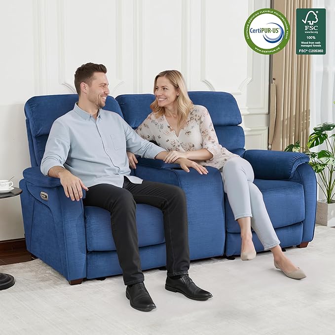 MCombo 73.8'' Wall Hugger Power Loveseat Recliner, Reclining Loveseat with Console, Adjustable Headrest, USB Charge Ports, Cup Holders, for Living Room, RVs, Small Spaces, Fabric ST258M2 (Navy Blue)