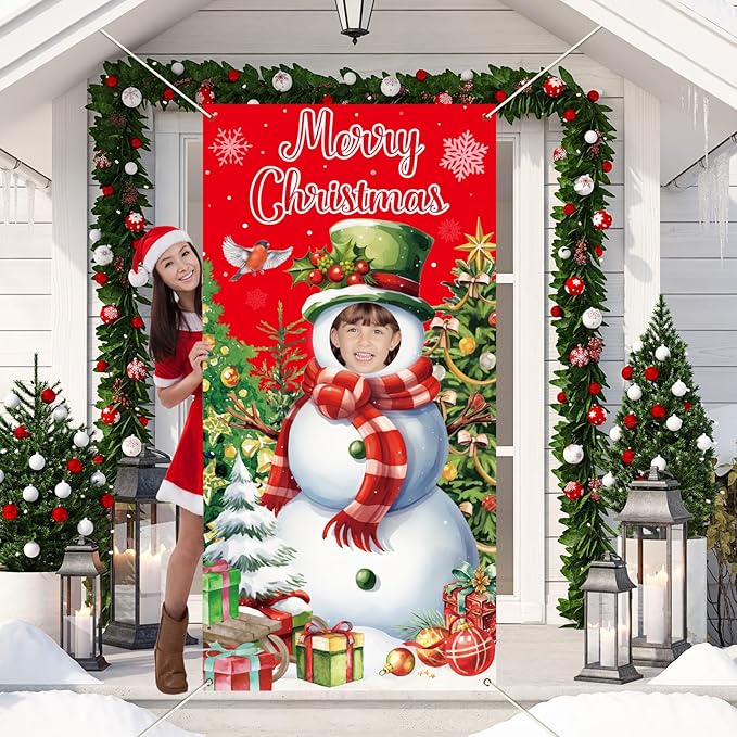 Justforjoyful Christmas Snowman Photo Booth Prop Merry Christmas Party Decoration Xmas Tree Door Banner Fabric Face in Hol...