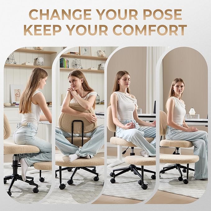 Cross Legged Office Chair, Ergonomic Criss Cross Desk Chair ADHD Meditation Yoga Kneeling Chair with Brake Wheels, Home Office Desk Chair with Adjustable Height, Lumbar Support (Beige)