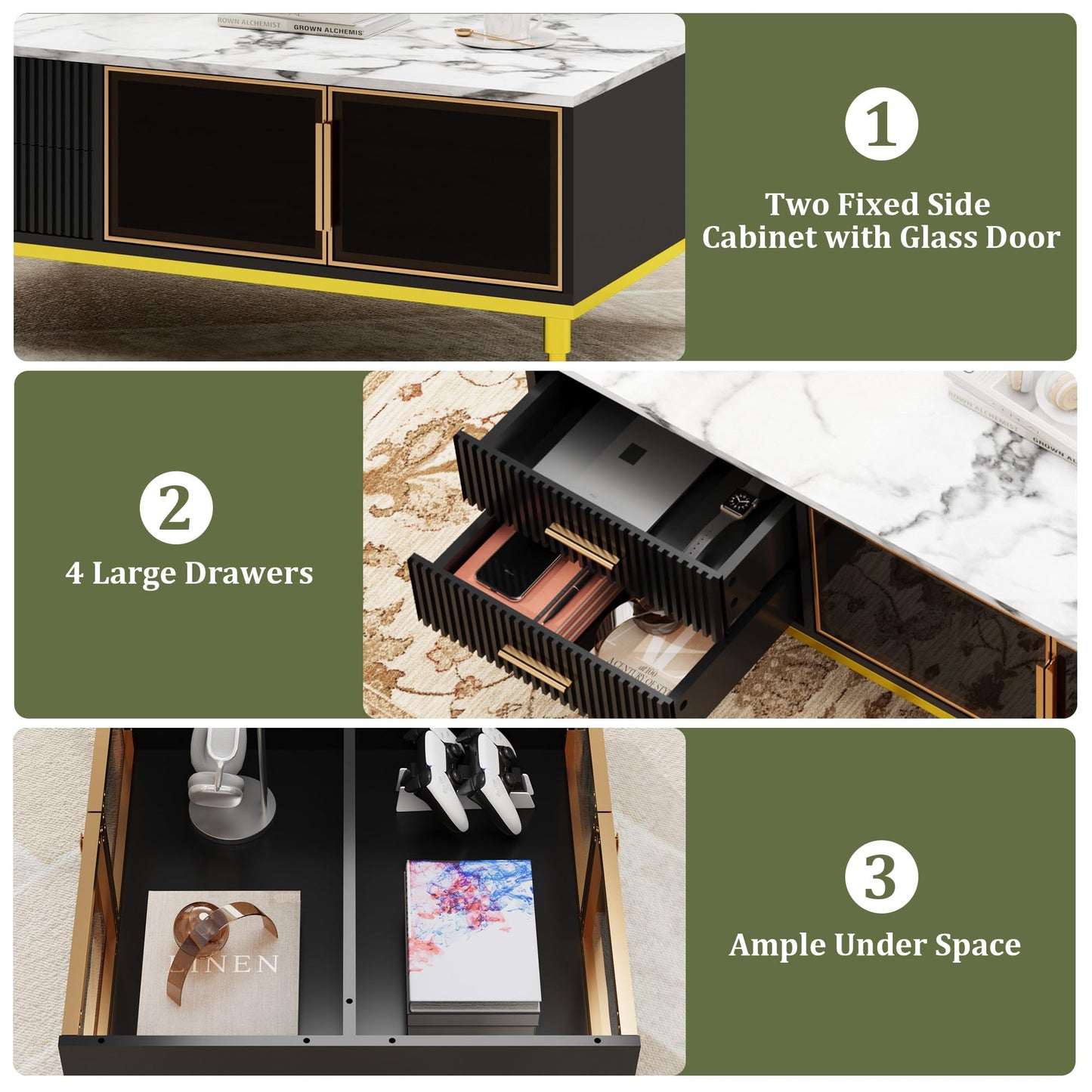 GAOMON Coffee Table for Living Room, Faux Marble Coffee Table with 4 Drawers and Glass Doors Storage, Modern Aesthetic Fluted Panel Design,Black & Gold