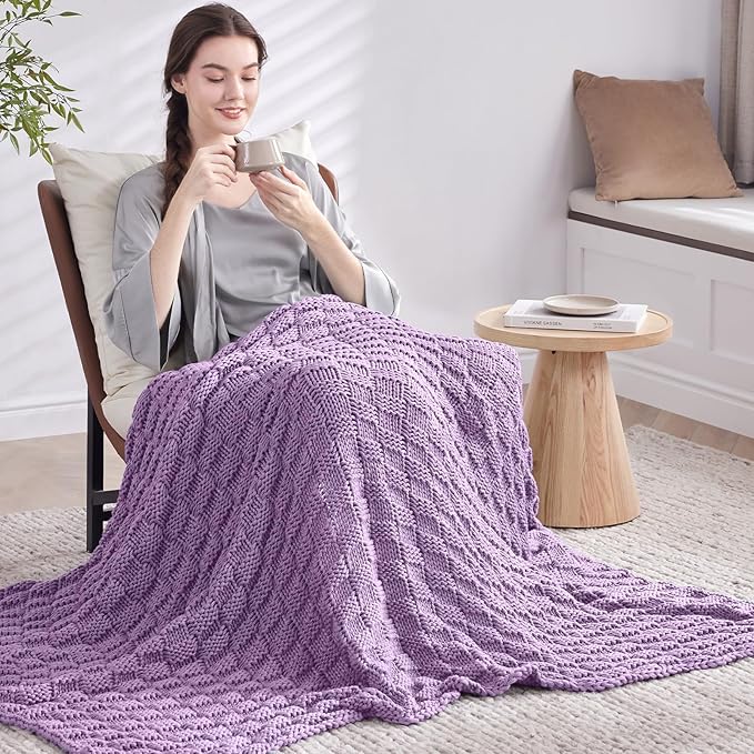 Knitted Weighted Blanket Adult, No Beads Heavy Blanket 60” x 80'' 17lbs, Breathable Chunky Knit Blanket, Cooling Weighted Blanket for Hot Sleepers, Christmas Home Decor (Lilac)