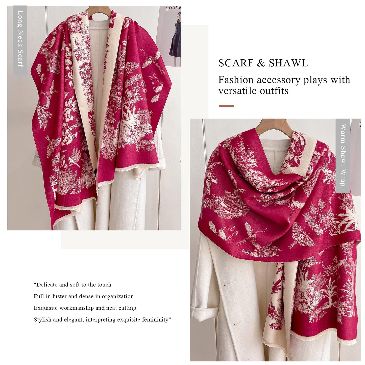 LumiSyne Warm Scarf Cashmere Shawl Women Rainforest Pattern Reversible Pashmina With Tassel Large Long Scarf Warm Wrap Stole