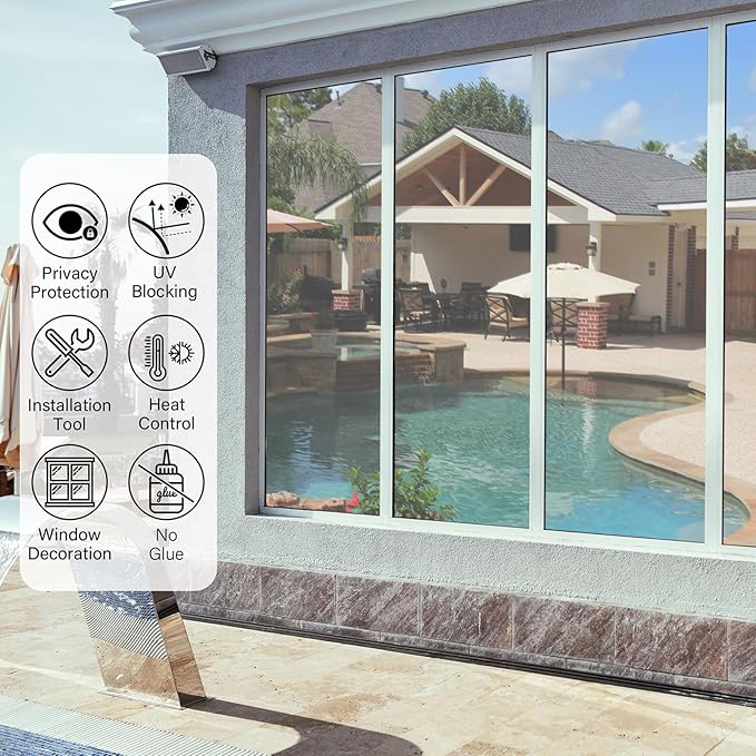 Kromapolis One Way Window Privacy Film Reflective Mirror Home Window Tint, Daytime Privacy Heat Control Anti UV Glass Tinting Static Cling (Silver, 29.5 x 157.4 inch)
