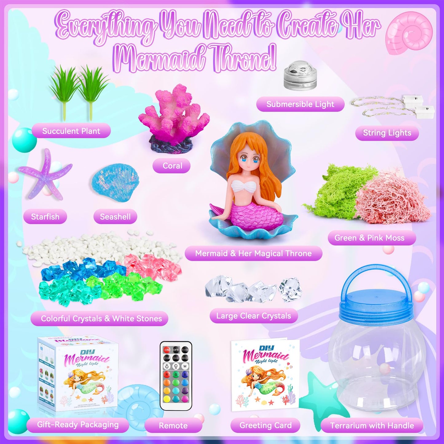 DIY Light-Up Mermaid Terrarium Kit for Kids, 3 Light Modes Mermaid Toys & Activities Kits Presents, Arts & Crafts Mermaid Gifts for Girls Age 4 5 6 7 8-12 Years Old, Birthday Gift, Bedroom Decor