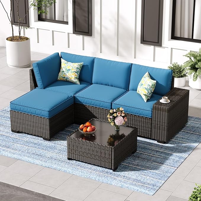 SunloungeCo 5 Pieces Outdoor Patio Furniture Set, Wicker Conversation Sets with Tea Table, Rattan Patio Sofa with Thick Cushions for Garden, Backyard, Poolside, Party, Peacock