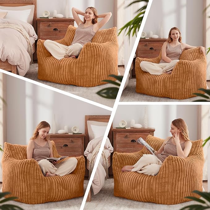 Achicsofar Giant Bean Bag Chairs for Adults Teens, Large Bean Bag Sofa Chairs with Filling Comfy Fuzzy BeanBag Chair with Armrests for Bedroom Living Room Reading (Brown, Large)