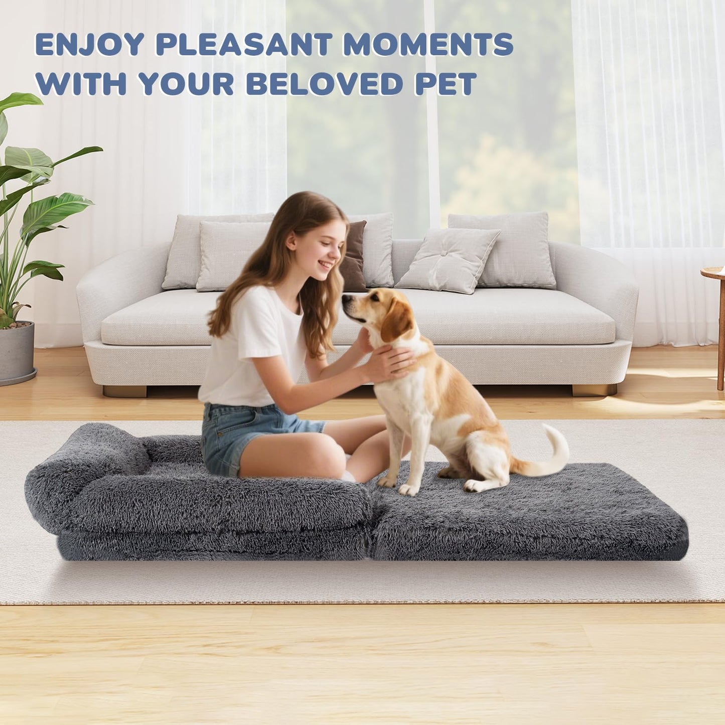 OtterOasis 72" Foldable Human Dog Bed for Adults, Fluffy Faux Fur with Blanket, Orthopedic Washable Dog Bed with Memory Foam and Water Repellent Liner Extra Large Thick for Pet