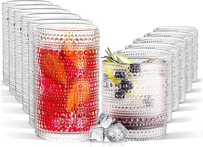 FULGNU Hobnail Drinking Glasses Set of 12, 11.8 oz Vintage Glasses Drinking Set & 10 oz Cocktail Glasses Set, Embossed Gla...