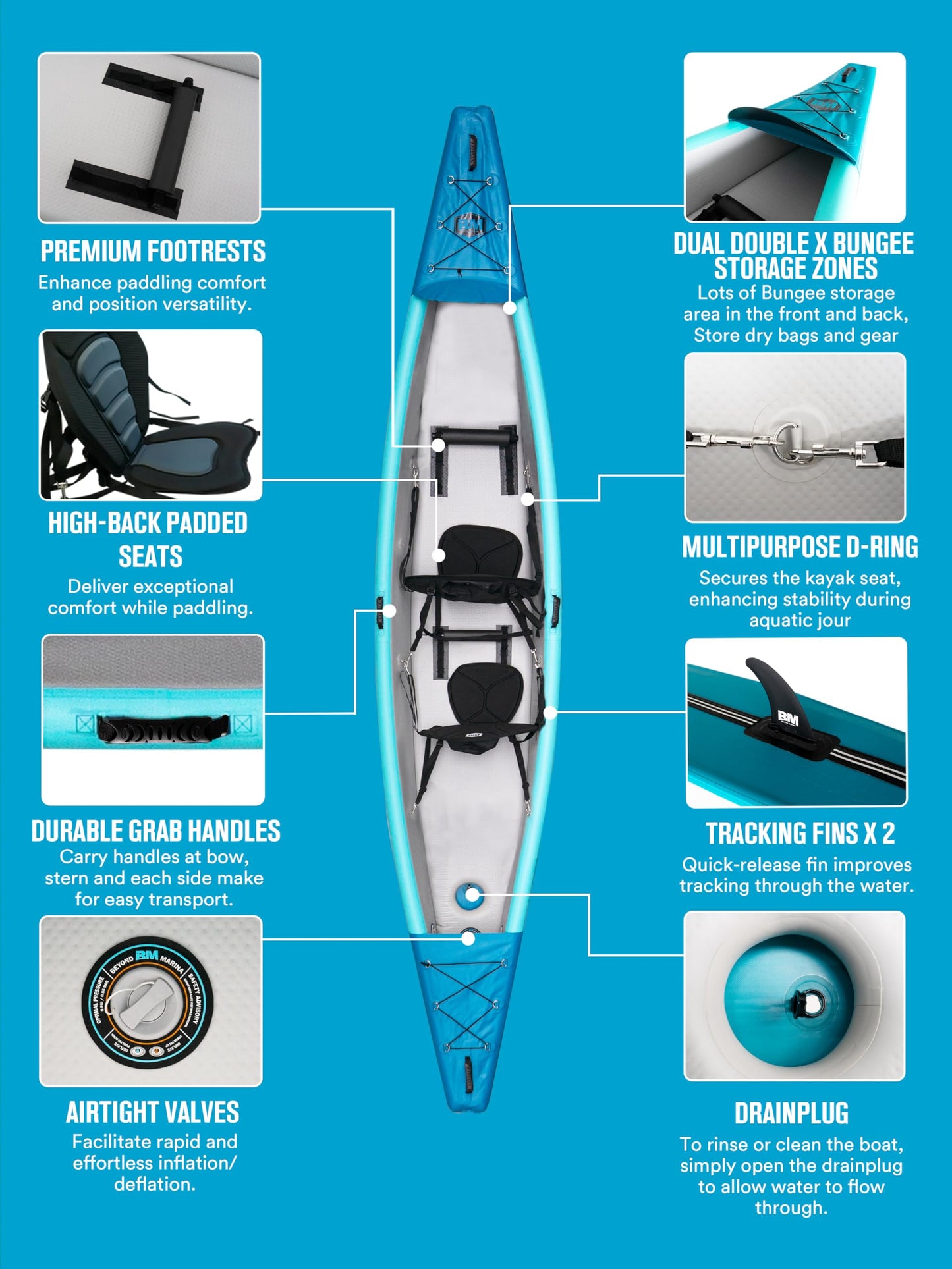 BEYOND MARINA Inflatable Kayak 2 Person Adult- Drop Stitch Tandem Kayak | with Aluminum Paddles, Seats, Footrests, Pump, Fins, Explorer 13.77ft