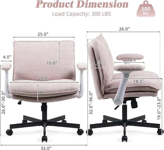 Kassipo Criss Cross Legged Office Chair with Wheels and Flip-Up Arms, Upholstered Criss Cross Desk Chair, Wide Seat Chairs for Home Office, Vanity, Apartment, Pink