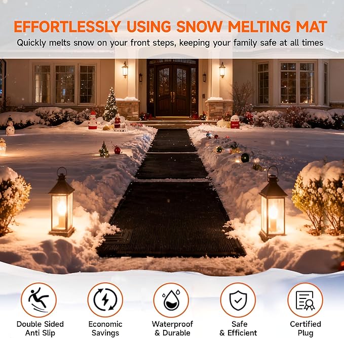 Snow Melting Mats Outdoor 20x60 Inch, Double No-Slip Rubber Heated Driveway Mats for Winter Snow Removal, 2 in/h Ice Melting Mats with Power Cord for Stairs, Walkways, Decks, Roof & Sidewalks,1PC