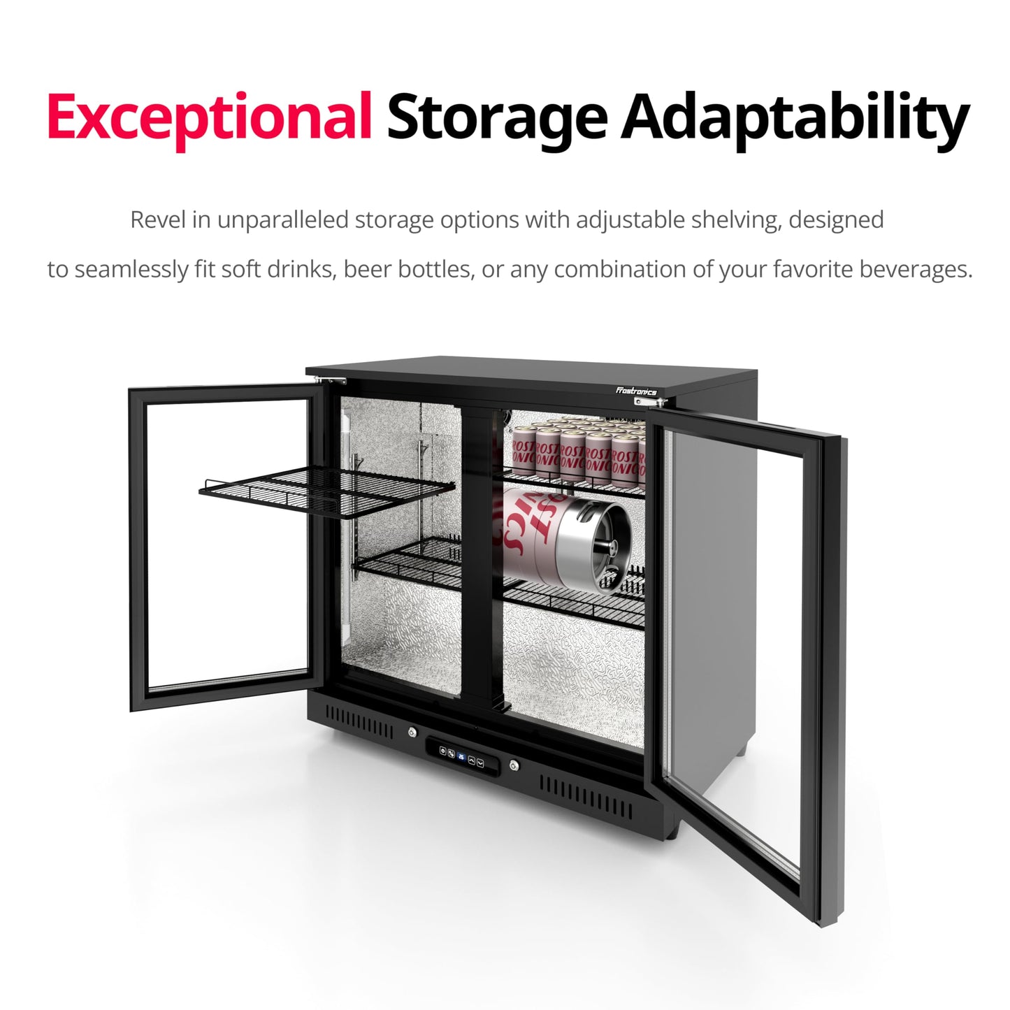 Frostronics 36 inch 206 cans Duo Hinged Door Back Bar Beverage Cooler, 6.75 cu. ft. Under Counter Glass Door Bar Fridge with hinged doors, lockable, 32-50°F Display Refrigerator, ETL Certified, Black