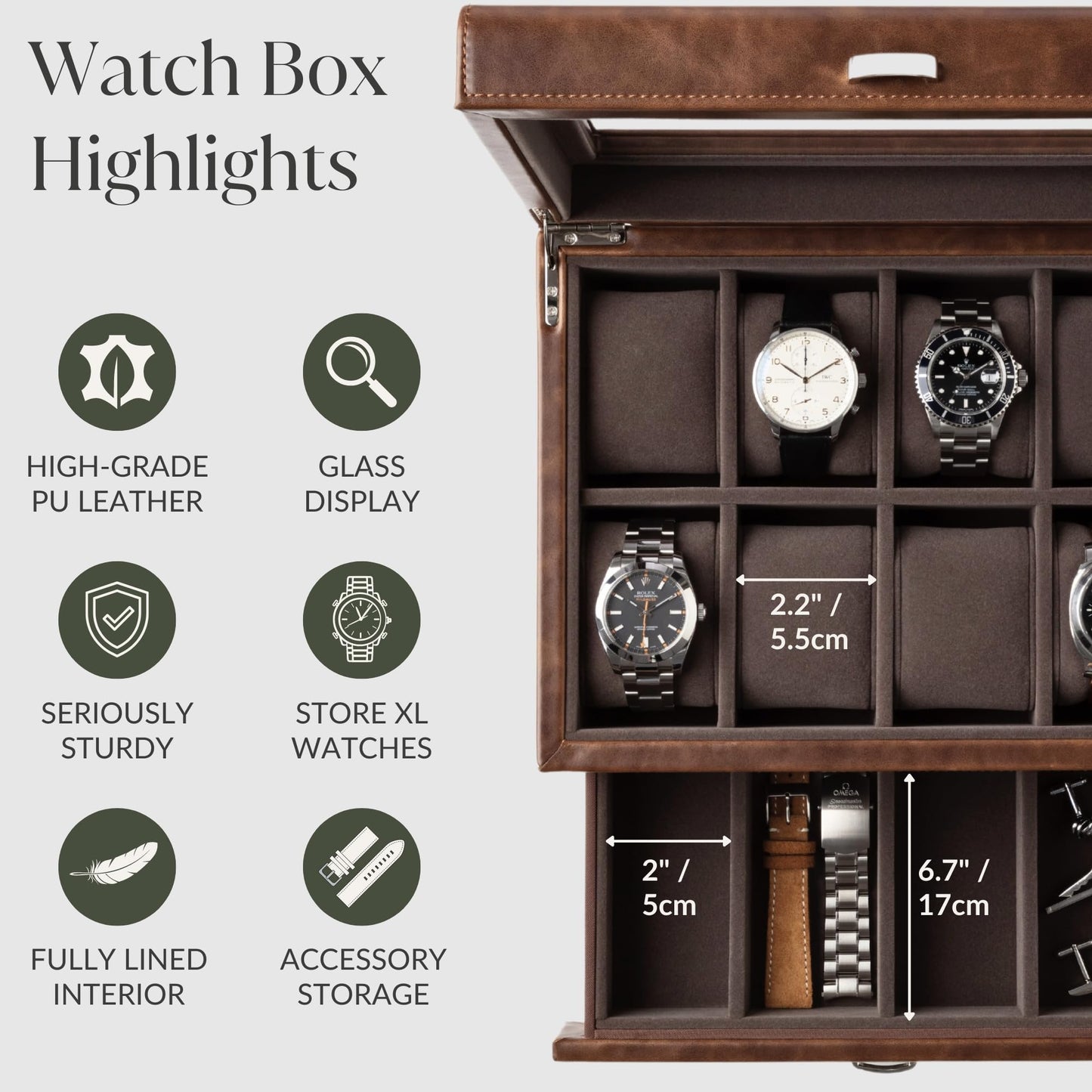 TAWBURY 8 Slot Watch Box with Storage Drawer – Premium Watch Storage Case for Men | 2.2-inch Wide Pillows Hold Small & Ovesized Watches (Brown)