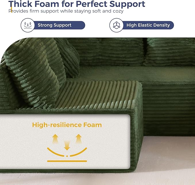 MAXYOYO 132" Oversize Modular Sectional Couch with L-Shape Chaise, Modern Boneless Couch for Living Room, Sofa in A Box, Oversized Sofa Sleeper with Deep Seat, No Assembly Required, Green