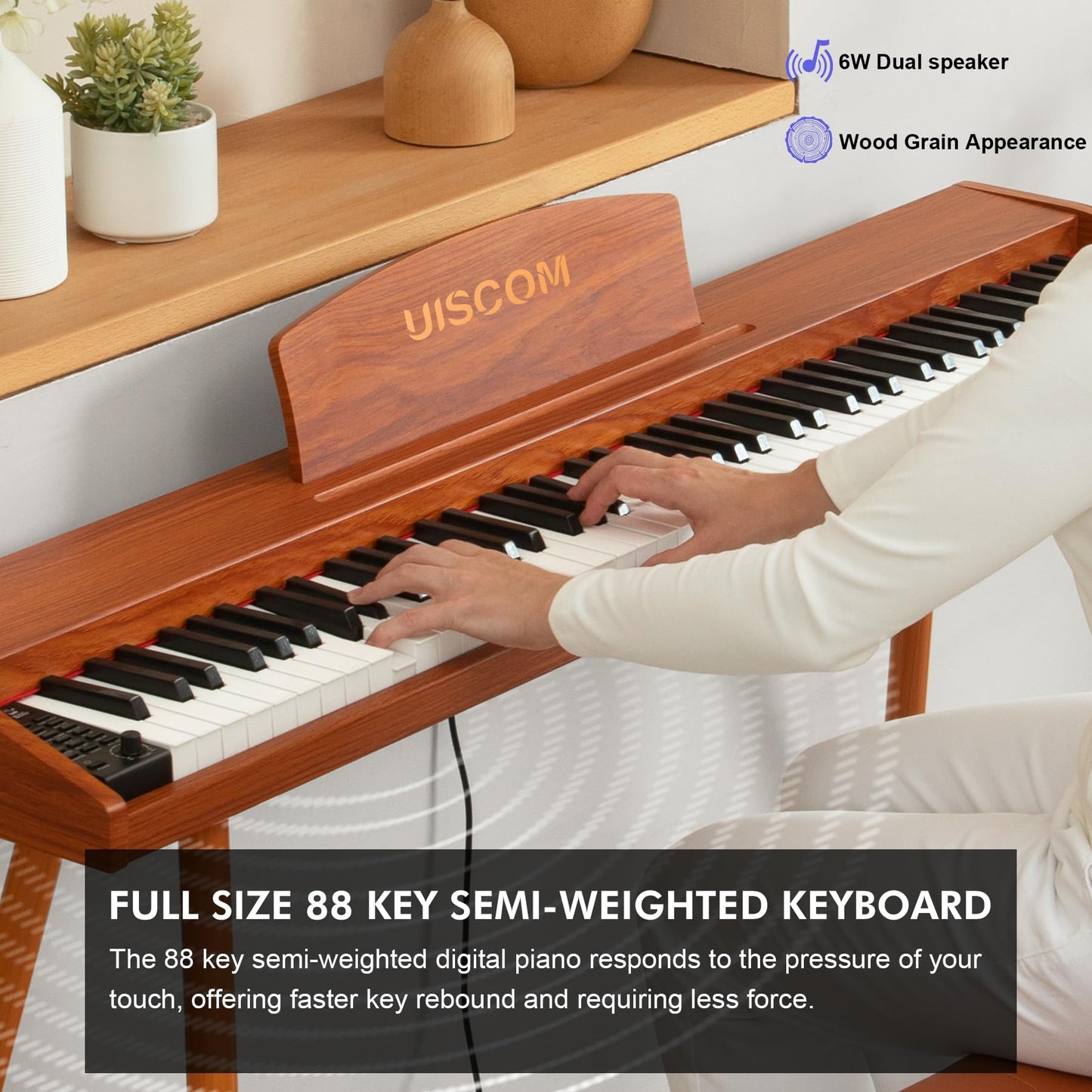 UISCOM Digital Piano Keyboard 88 Key Semi-Weighted for Beginners,Full Size Electric Piano with Stand,Triple Pedal,Adapter,Sheet Music Stand,Headphone,USB-MIDI Compatible,Wood Brown
