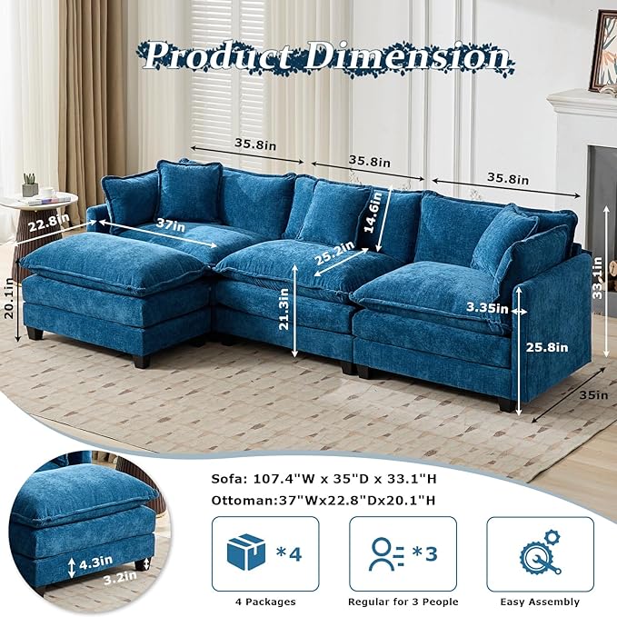 SoarFlash 113.78" Chenille Sectional Sofa, Comfy L Shaped Modular Coush Sofa with Ottoman, Modern 4 Seat Couch Deep Seat Sofa Set for Living Room,Blue