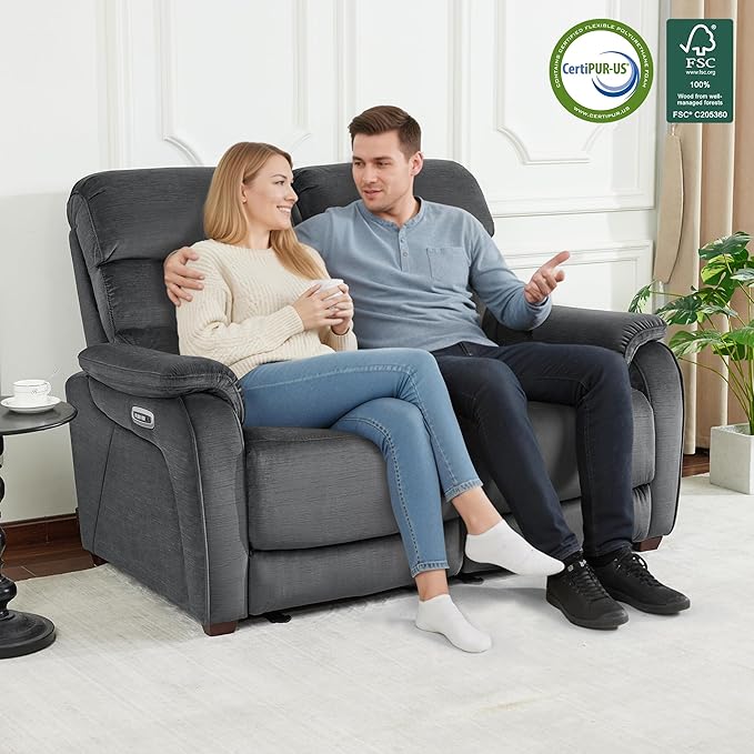 MCombo 61.6'' Wall Hugger Power Loveseat Recliner, Reclining Loveseat with Adjustable Headrest, USB Charge Ports, Wood Legs for Living Room, RVs, Small Spaces, Fabric ST258M1 (Loveseat, Dark Grey)