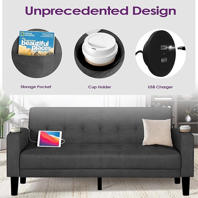 TYBOATLE Sofa Couch, Living Room Furniture Sectional Sofa Sets 2 Pcs, Tufted Mid-Century Loveseat w/USB, Cupholders & Comfy Single Sofa for Small Space, Apartment, Office (Dark Grey)