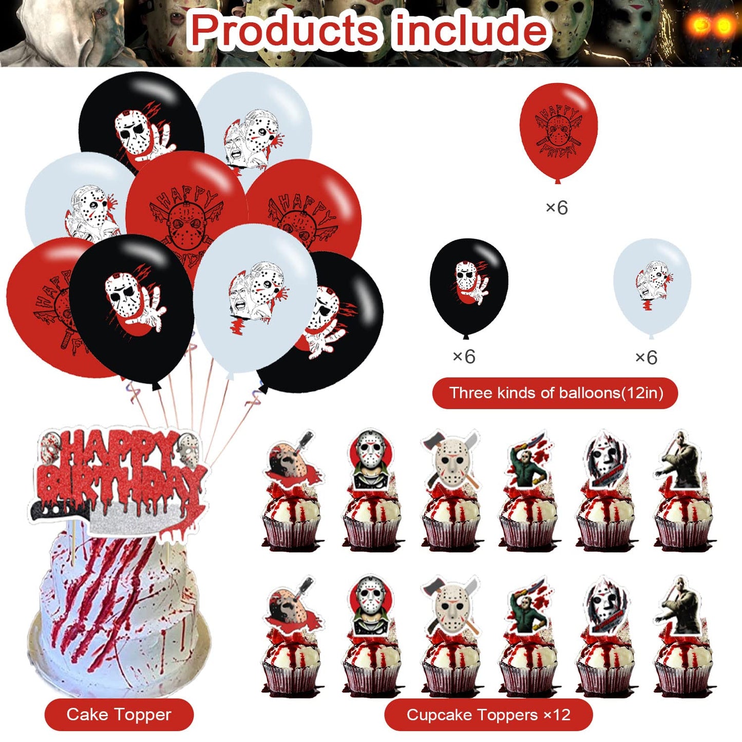 Party Decorations,Birthday Party Supplies for Horror Movie Party Supplies Includes Banner - Cake Topper - 12 Cupcake Toppers - 18 Balloons