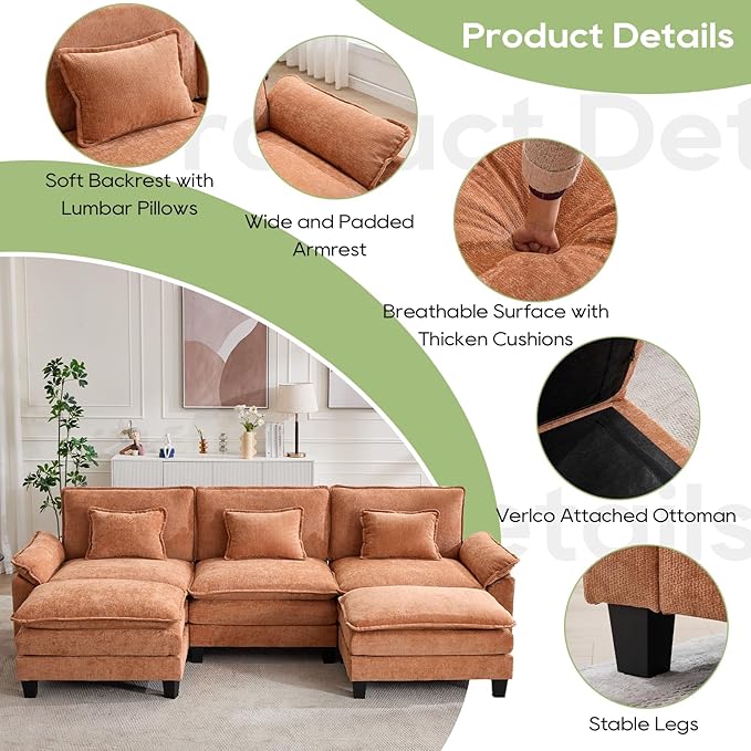 Oprisen 120" Modular Sectional Sofa, Comfy Cloud Couch Sectional Sofa with Ottoman, Chenille Sofa Sleeper Deep Seat Sofa with Throw Pillows for Living Room (Orange, 120"- U Shape)