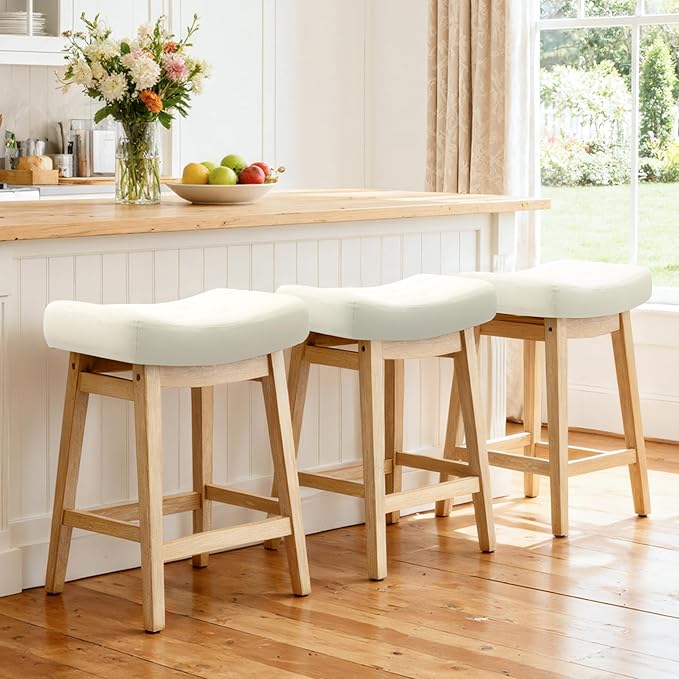 RNKSFX Counter Height Bar Stools Set of 3 for Kitchen Counter Backless Farmhouse Kitchen Island Barstools with Upholstered Faux Leather Saddle Seat and Solid Wood Legs Modern 24 inch Bar Chairs, White