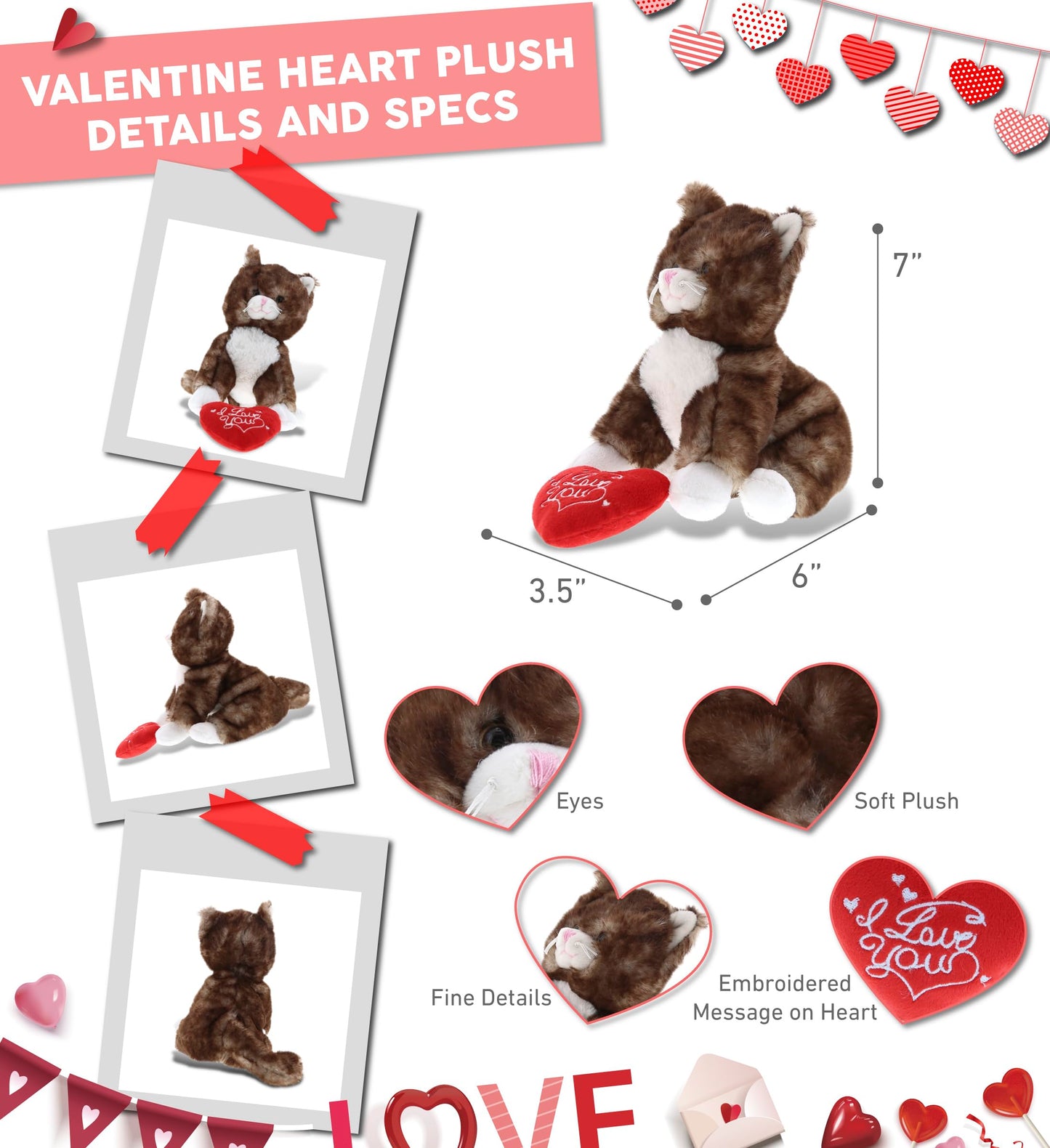 DolliBu I Love You Valentine Plush Brown Cat - Cute Stuffed Animal with Red Heart and Name Personalization Gift for Valentines Day, Birthday, Anniversary, Romantic Date - 6 Inches