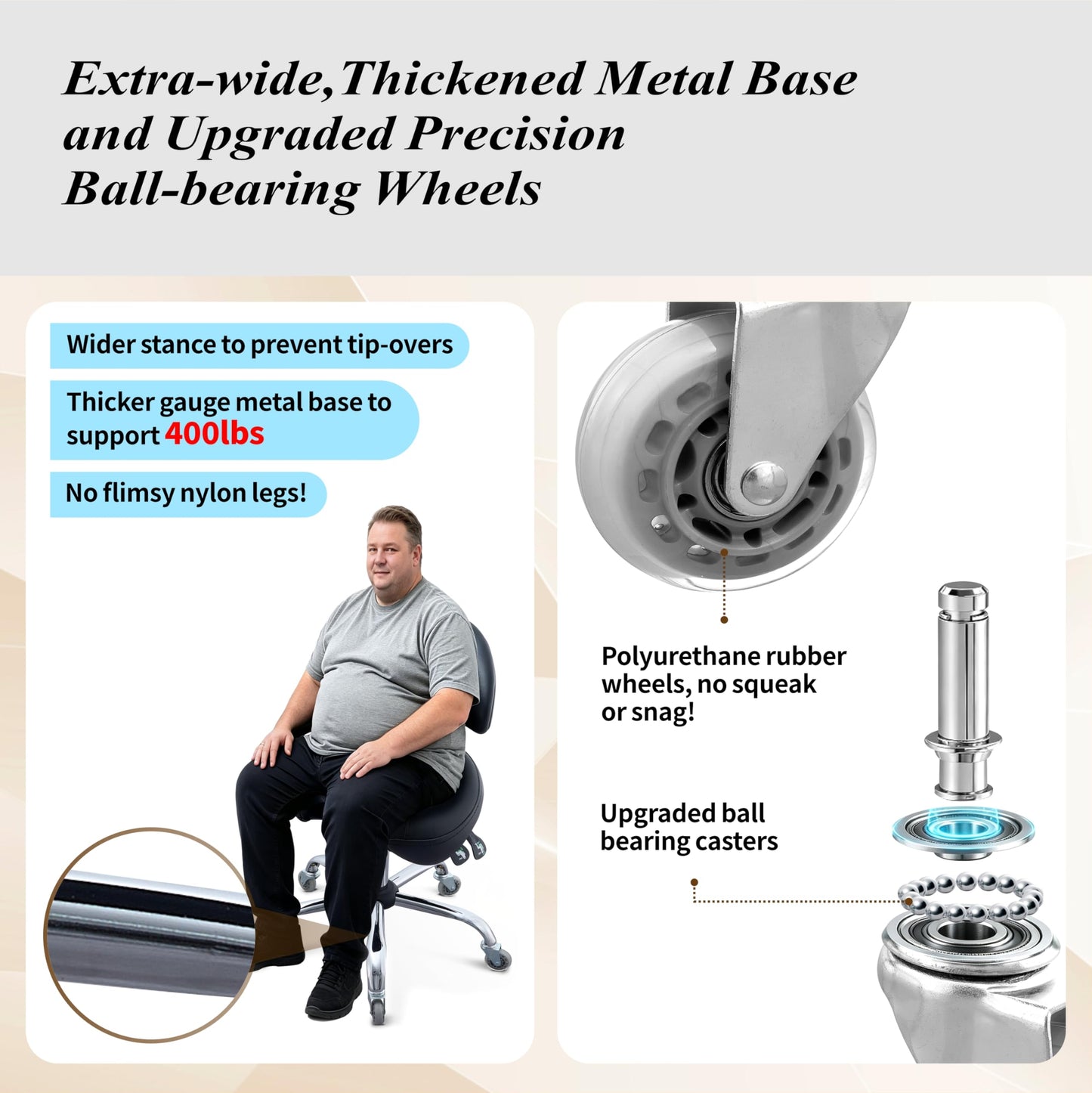 Saddle Stool with Adjustable Lumbar Support - Heavy Duty 400LB Hydraulic Rolling Stool Chair with Backrest, 19"-25" Height Adjustable with Quiet Wheels for Salon, Dental, Tattoo, Massage, Home Office