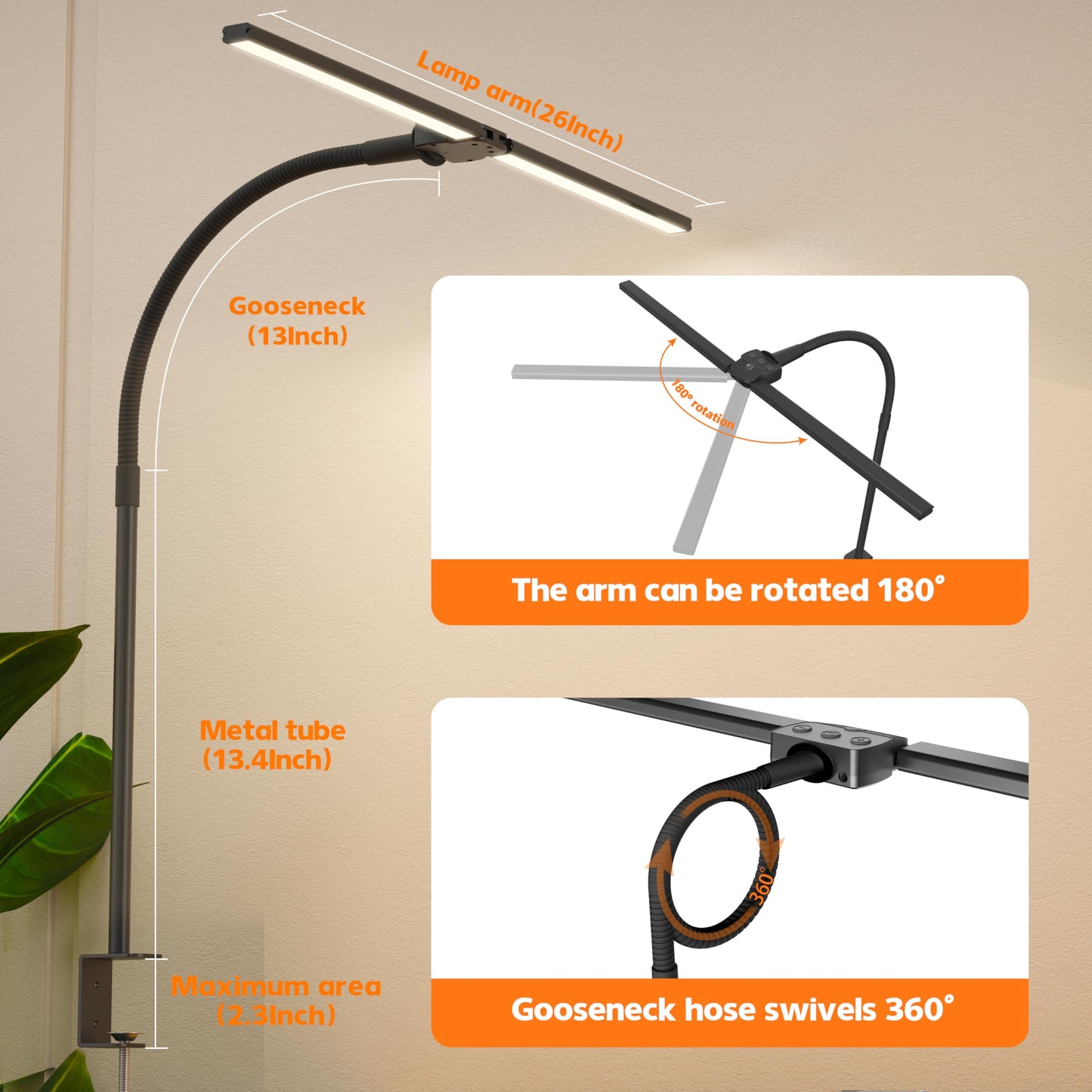 ULTEM Desk Lamp Home Office, Led Desk Lamp with Clamp, 15W Dual Screen Computer Monitor Lamp with Stepless Color Temp and Dimming,Small Adjustable Gooseneck Desk Light for Architect Work Craft (black)