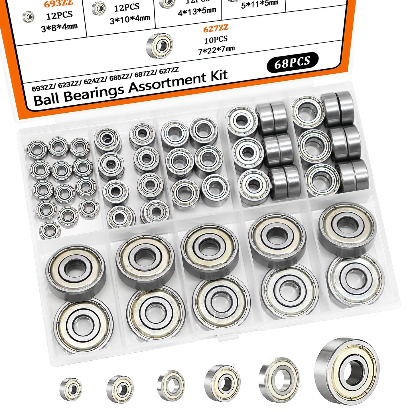 Dianrui 68 PCS 693ZZ/ 623ZZ/ 624ZZ/ 685ZZ/ 687ZZ/ 627ZZ Ball Bearings Assortment Kit, Small Bearings Carbon Steel Deep Groove Bearing, for Furniture Wheel, Roller Skates, 3D Printing and ect —6 Size
