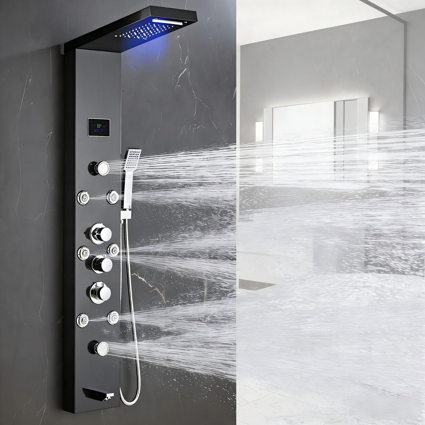 HSYLYPA Shower Panel Tower System Shower Panel Tower with Powerful Body Jets, Rainfall, Waterfall,Handheld and Tub Spout,Stainless Steel LED Shower Column - Brushed Black