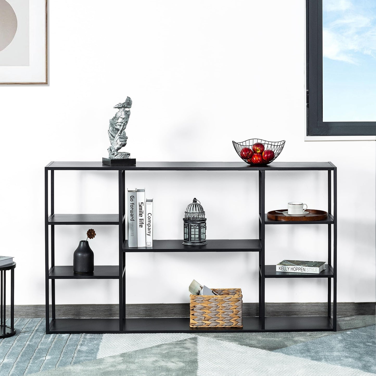 Leinade 55 Inch Metal Console Table with 8 Storage Shelves,Extra Long Entryway Table,Narrow Sofa Table,Hallway Table for Entrances to Corridor, Foyer,Living Room (Black, 55.12×11.81×31.5in)