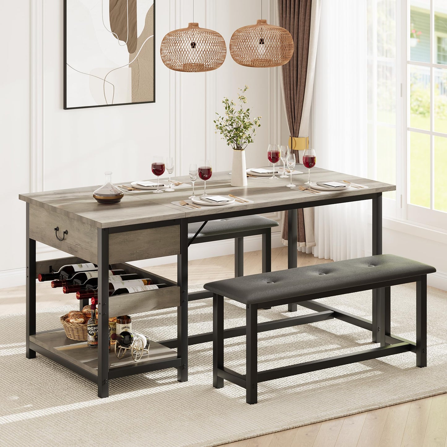 Dining Table Set for 4 People, Kitchen Table Set with 2 PU Leather Upholstered Benches, MDF Wood Board Dining Room Table Set with Drawer & Wine Rack for Breakfast Nook, Apartment, Small Spaces