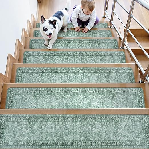 Vintage Stair Treads Non Slip Stair Runners for Wooden Steps Indoor, 15PCS 8"x30" Rubber Backing Carpet Treads for Wood Stairs Staircase Step Treads for Kids & Dogs, Stair Covers, Green