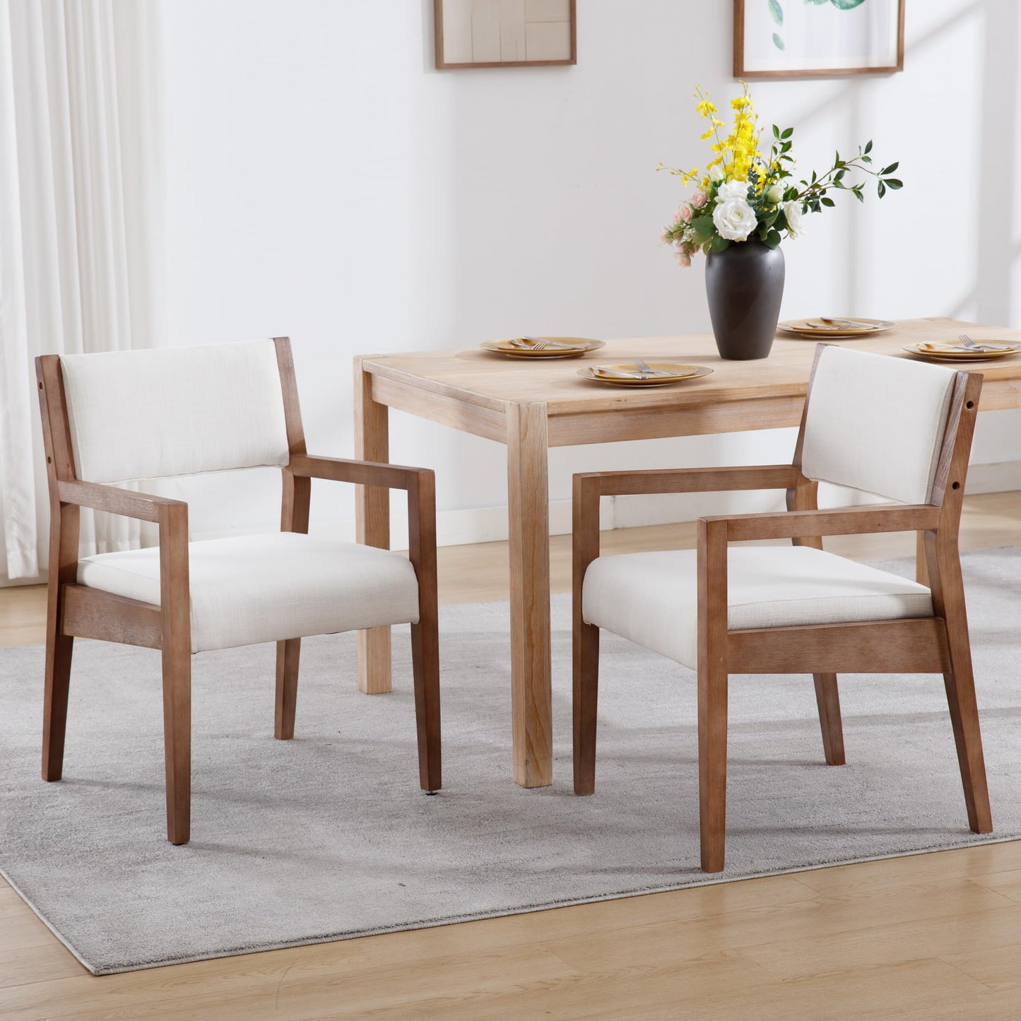 BESTANO Modern Wood Dining Chairs Set of 2 Linen Fabric Upholstered Armchair Accent Chairs Side Chairs Comfy Kitchen Chair with Wooden Legs, Beige