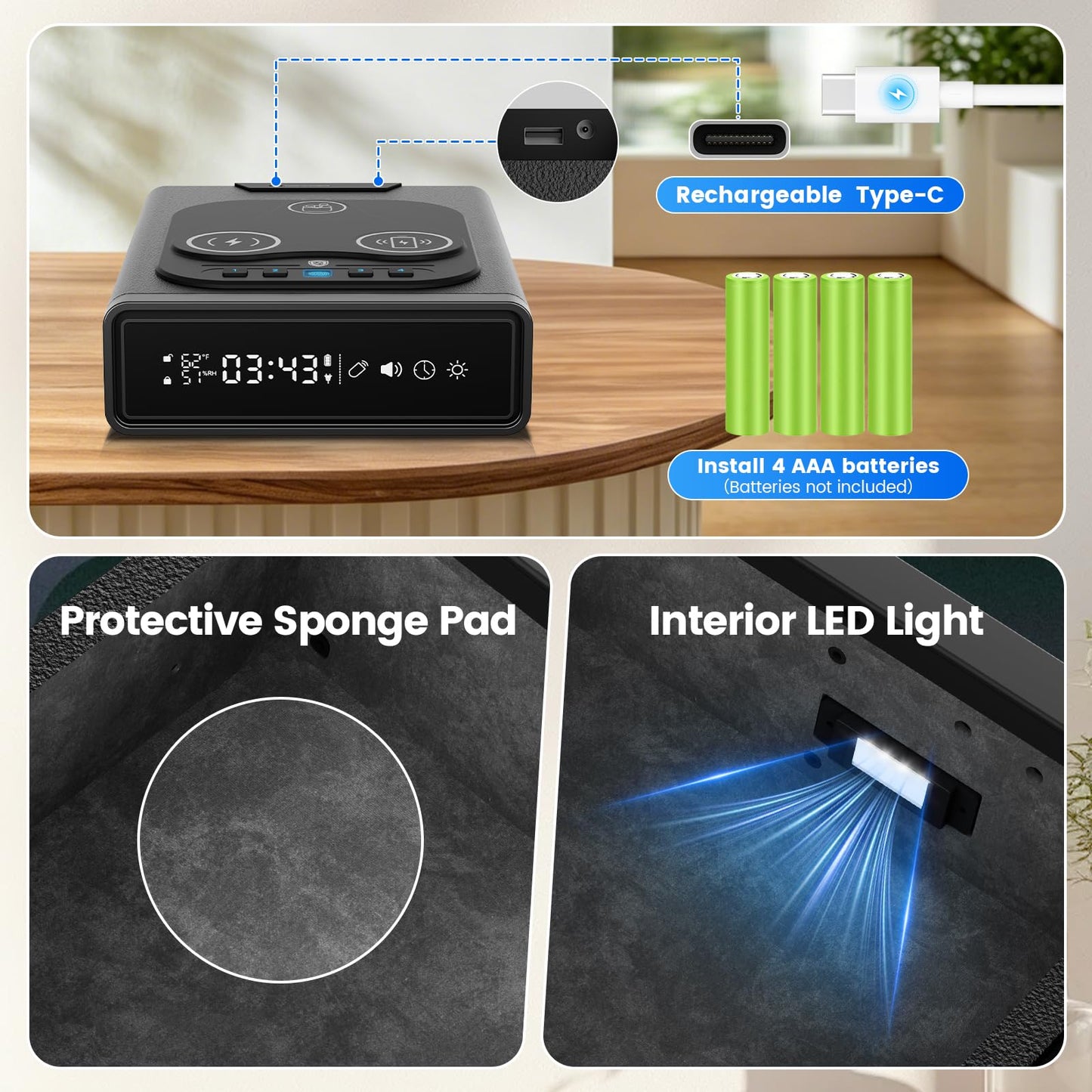 Saforo Biometric Smart Gun Safe with 3-in-1 Wireless Charging,4 Quick Access with Bedside Pistol Safe for Handgun,Bluetooth App Control,Nightstand Gun Safe with Alarm Clock,LED Light 1pcs