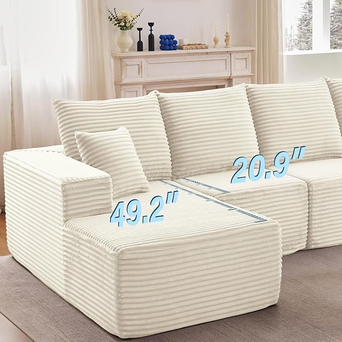 135.4" Cloud Sectional Couch with L-Shape Chaise, Modern Corduroy Boneless Couch for Living Room,Memory Foam Sofa with Deep Seat,No Assembly Required (White,Left-Facing Chaise)