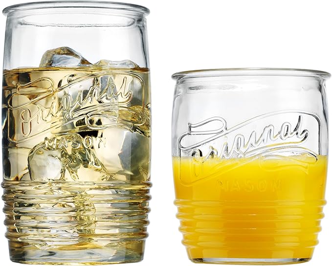 Glaver's Original Mason Set of 8 Drinking Glasses 4-20 Oz Highball Glasses, and 4-13 Oz Whiskey Glass Cups For Everyday Ho...