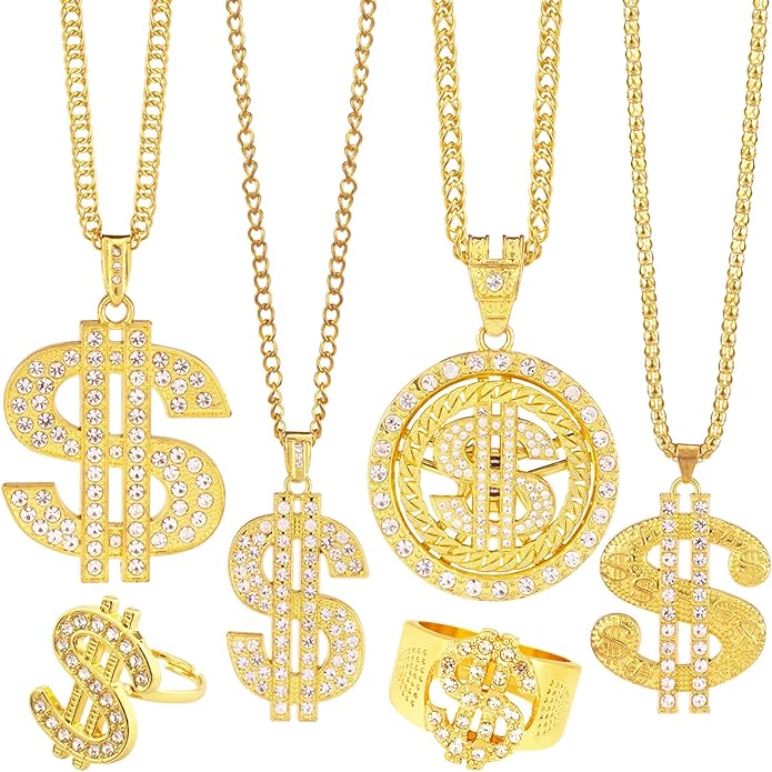 Riuziyi 6 Pack Fake Gold Dollar Sign Chain Necklace Ring for 80s 90s Hip Hop Costumes Outfit, Rapper Jewelry for Men Women