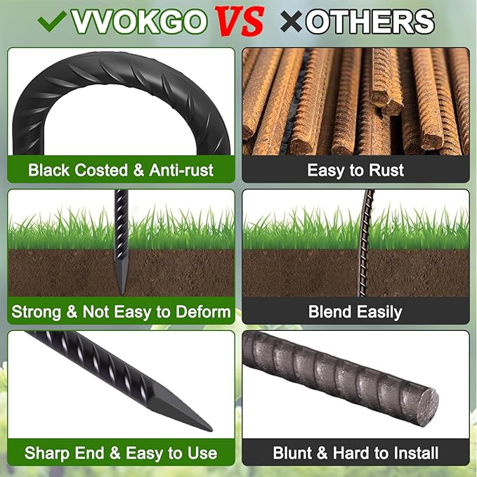 VVOKGO Rebar Stakes 18 Inch J Hook Heavy Duty Ground Anchors (16-Pack), 3/8" Diameter Metal Steel Extra Long Fence Stakes with Chisel Point End for Greenhouse, Gazebo, Carport, Camping Tents, Black