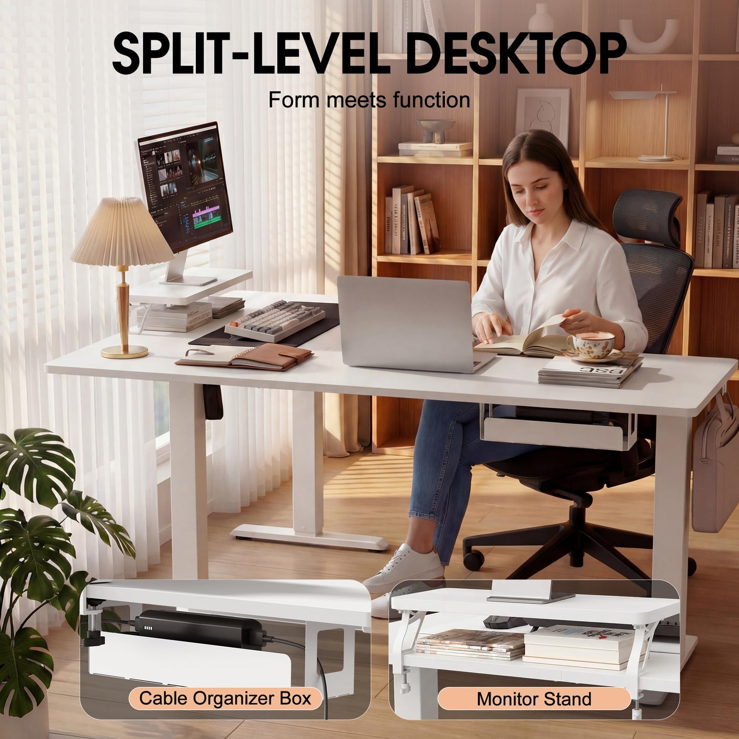 Furmax 63 x 47 Inch L Shaped Standing Desk with 2 Preset Heights, Electric Height Adjustable Computer Desk, Corner Sit Stand Desk for Home Office, 2 Hooks & Feet Balance (White, 63 x 47 Inch)