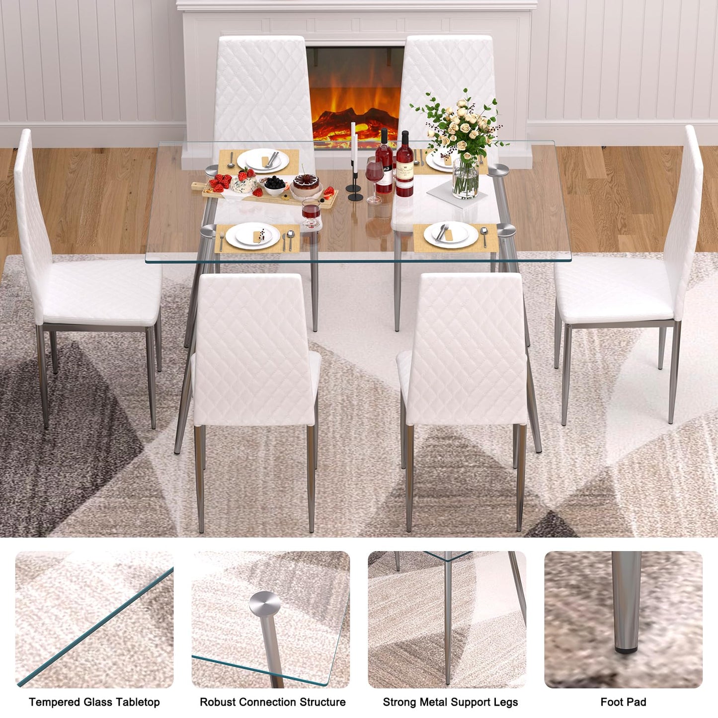 QJZLXKYT Glass Dining Table Set, Glass Dining Room Table with Chairs for 6 People, 7 Piece Kitchen Table and Chairs Set, Modern Style, Perfect for Small Space, Easy Assembly (Include 6 White Chairs)