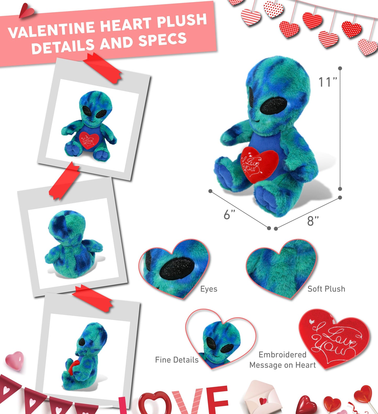 DolliBu I Love You Valentine Plush Blue Tie-Dye Alien - Cute Stuffed Animal with Red Heart and Name Personalization Gift for Valentines Day, Birthday, Anniversary, Romantic Date - 9 Inches