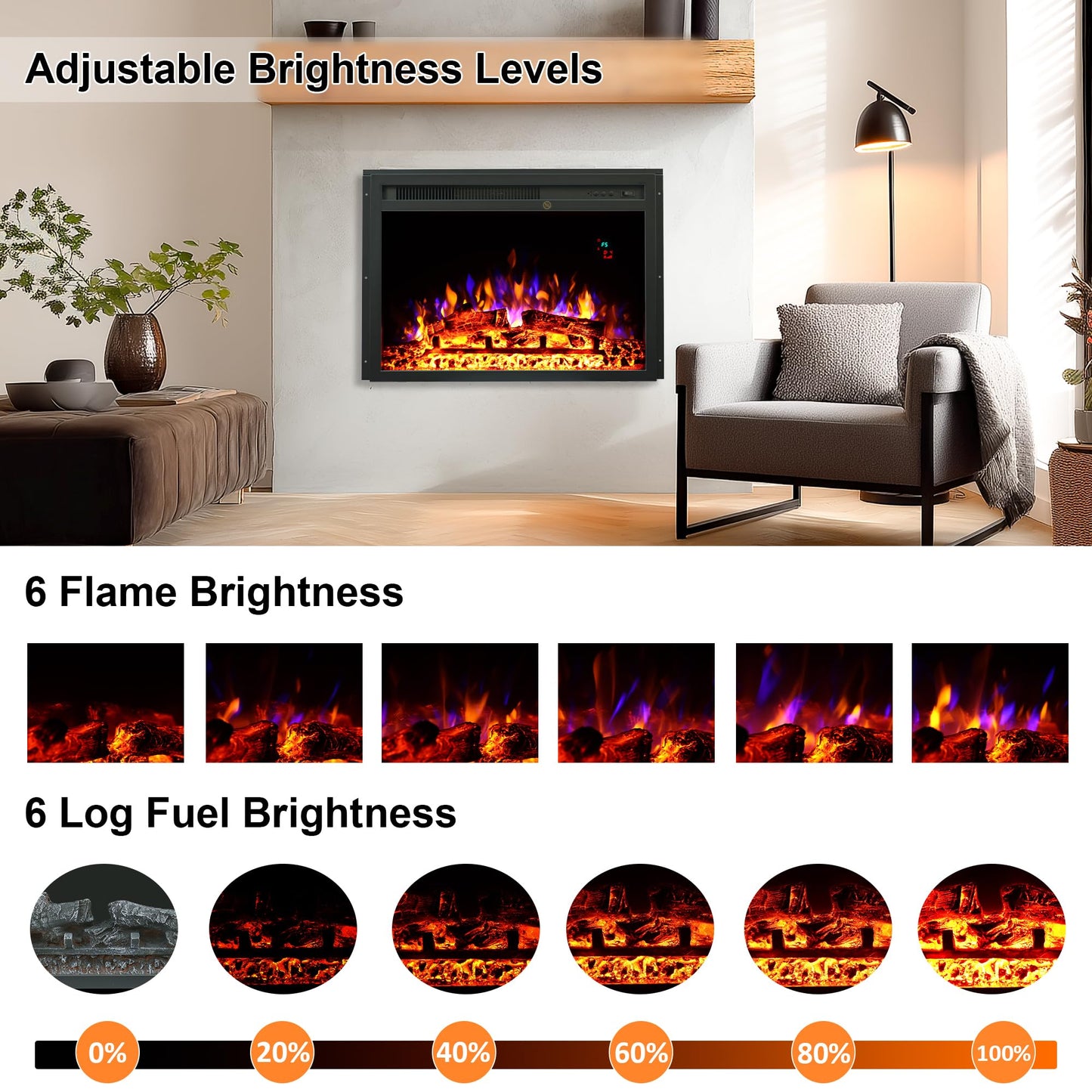 23.6 Inch Electric Fireplace Insert, Recessed Electric Fireplace Heater with Adjustable Brightness, Weekly Timer, Remote Control, Overheat Protection, 750/1500W