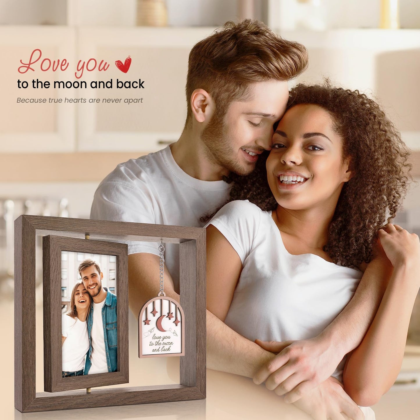 LukieJac Love You to the Moon and Back Picture Frame - Valentines Anniversary Wedding Birthday Christmas Gifts for Husband, Wife, Him, Her, Couples Rotating 4x6 Picture Frame