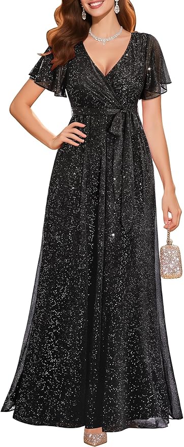 Pinup Fashion Formal Gowns and Evening Dresses - Glitter Prom V Neck Flutter Sleeve A-line Long Dress with Belt