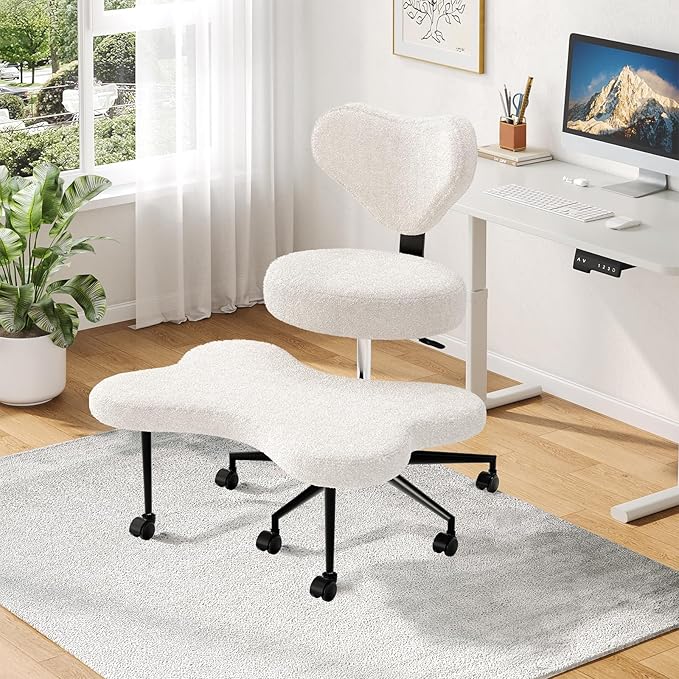 Nost & Host Cross Legged Office Chair with Wheels, 4INCH ADHD Chair for Adults, Meditation Chair, Height Adjustable Seat, Yoga Chair, Teddy Fabric, Off White