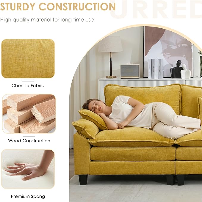 URRED Cloud Couch Modular Sectional Sofa, 122" Modern U Shaped Deep Seat Sofa with 2 Ottomans & Pillows, Ultra Comfy Chenille Couches for Living Room, Bedroom or Apartment, Yellow