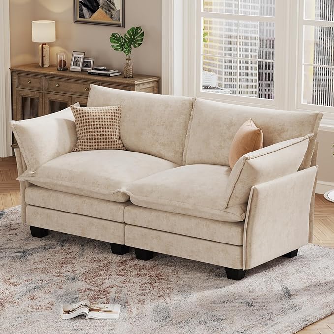 KKL Modular Sectional Sofa, Loveseat 2 Seater Cloud Couch, Chenille Modern Sectional Couches for Living Room, Apartment Beige